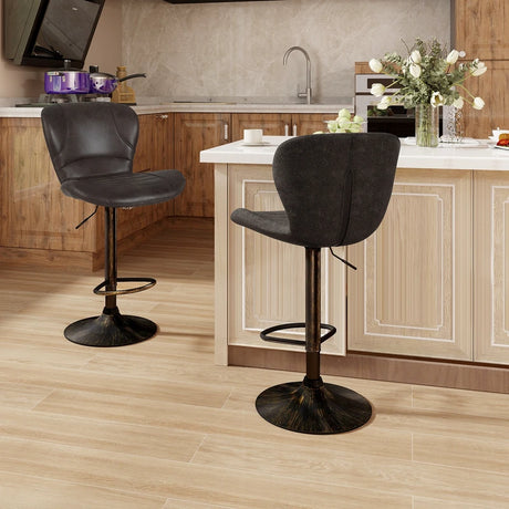 Set of 2 Bar Stools with Adjustable Height and Anti-Slip Metal Base-Brown