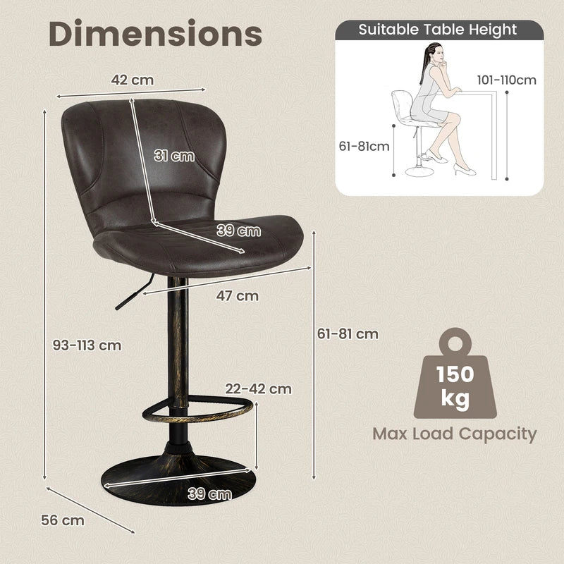 Set of 2 Bar Stools with Adjustable Height and Anti-Slip Metal Base-Brown