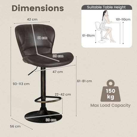 Set of 2 Bar Stools with Adjustable Height and Anti-Slip Metal Base-Brown