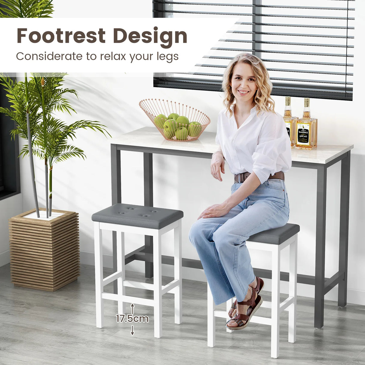 24" Bar Stools with Padded Seat Footrest and Rubber Wood Frame-White