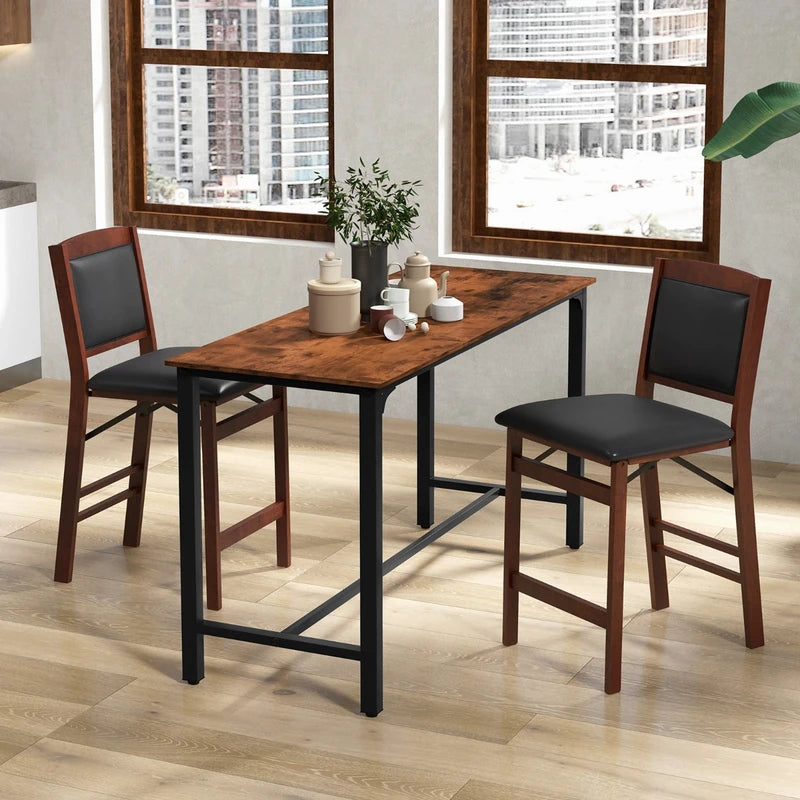 Set of 2 Folding Kitchen Island Stool with Rubber Wood Legs-Brown