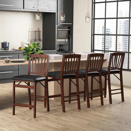Set of 2 Counter Height Chairs Folding Kitchen Island Stool with Padded Seat-Brown