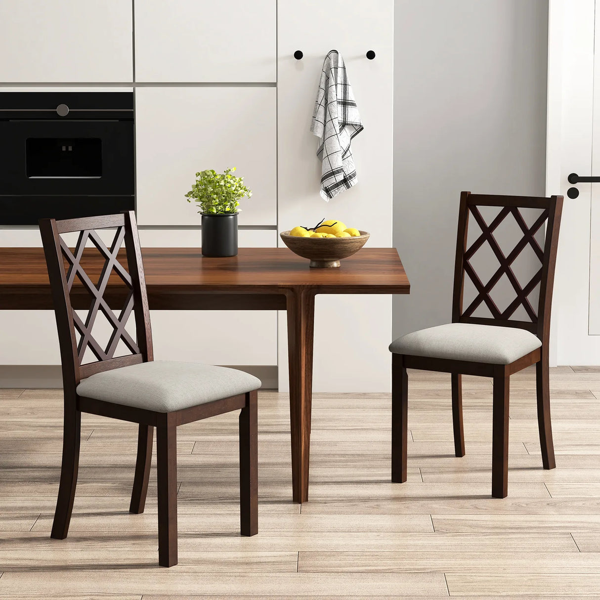Dining Chair Set of 2 Wood Kitchen Chairs with Upholstered Seat Cushion and Rubber Wood Legs-Brown