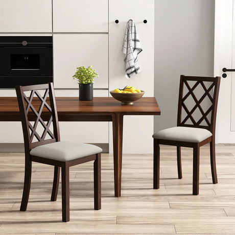 Dining Chair Set of 2 Wood Kitchen Chairs with Upholstered Seat Cushion and Rubber Wood Legs-Brown
