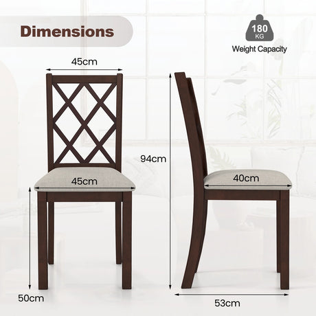 Dining Chair Set of 2 Wood Kitchen Chairs with Upholstered Seat Cushion and Rubber Wood Legs-Brown