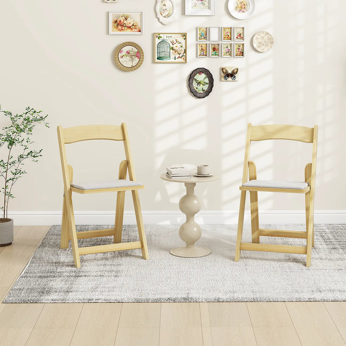 Set of 2 Foldable Kitchen Chair with Rubber Wood Legs and Padded Seat-Natural