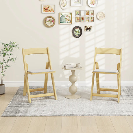 Set of 2 Foldable Kitchen Chair with Rubber Wood Legs and Padded Seat-Natural