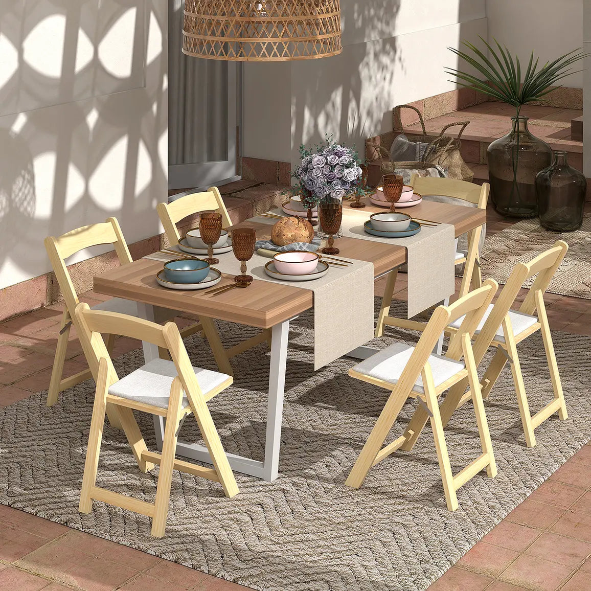 Set of 2 Foldable Kitchen Chair with Rubber Wood Legs and Padded Seat-Natural