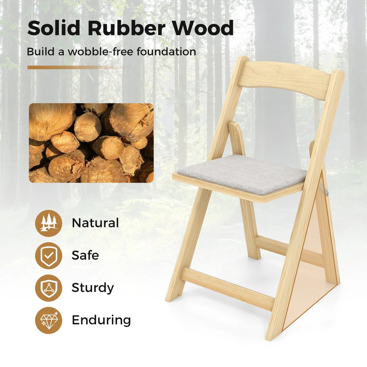 Set of 2 Foldable Kitchen Chair with Rubber Wood Legs and Padded Seat-Natural