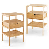 Nightstand Set of 2 Bamboo End Table with 2 Open Shelves and Drawer-Set of 2