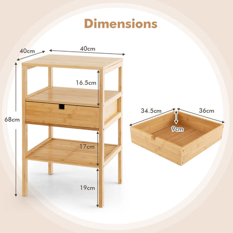 Nightstand Set of 2 Bamboo End Table with 2 Open Shelves and Drawer-Set of 2