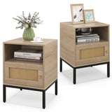 Set of 2 Nightstand with Storage Home Boho Style Accent Side Table-Oak