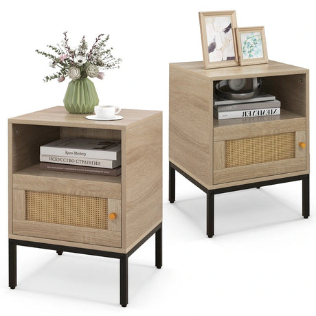 Set of 2 Nightstand with Storage Home Boho Style Accent Side Table-Oak