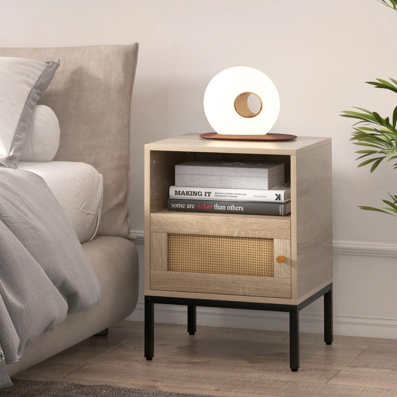 Set of 2 Nightstand with Storage Home Boho Style Accent Side Table-Oak