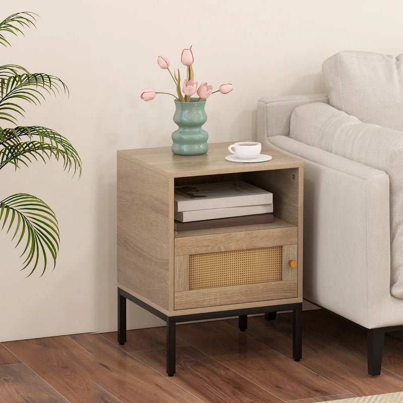 Set of 2 Nightstand with Storage Home Boho Style Accent Side Table-Oak