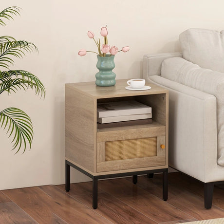 Set of 2 Nightstand with Storage Home Boho Style Accent Side Table-Oak