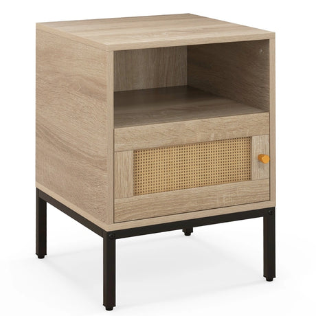 Set of 2 Nightstand with Storage Home Boho Style Accent Side Table-Oak