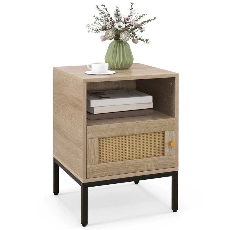 Set of 2 Nightstand with Storage Home Boho Style Accent Side Table-Oak