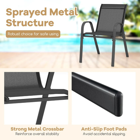 Set of 2 Patio Stackable Metal Dining Chairs with Armrests-Black