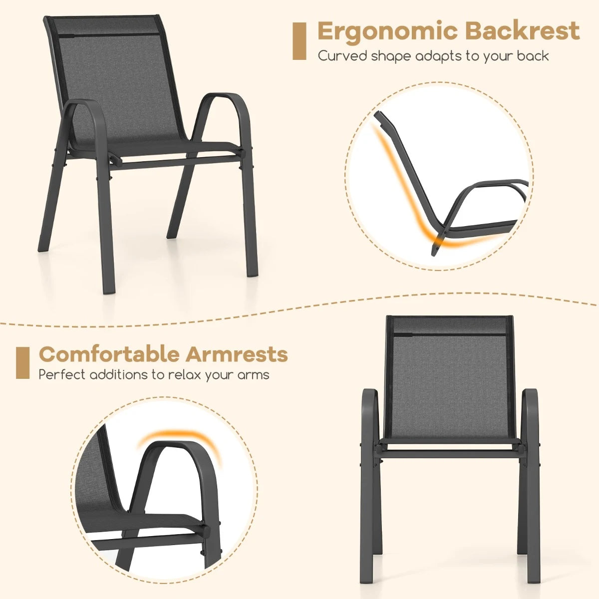 Set of 2 Patio Stackable Metal Dining Chairs with Armrests-Black