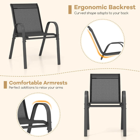 Set of 2 Patio Stackable Metal Dining Chairs with Armrests-Black