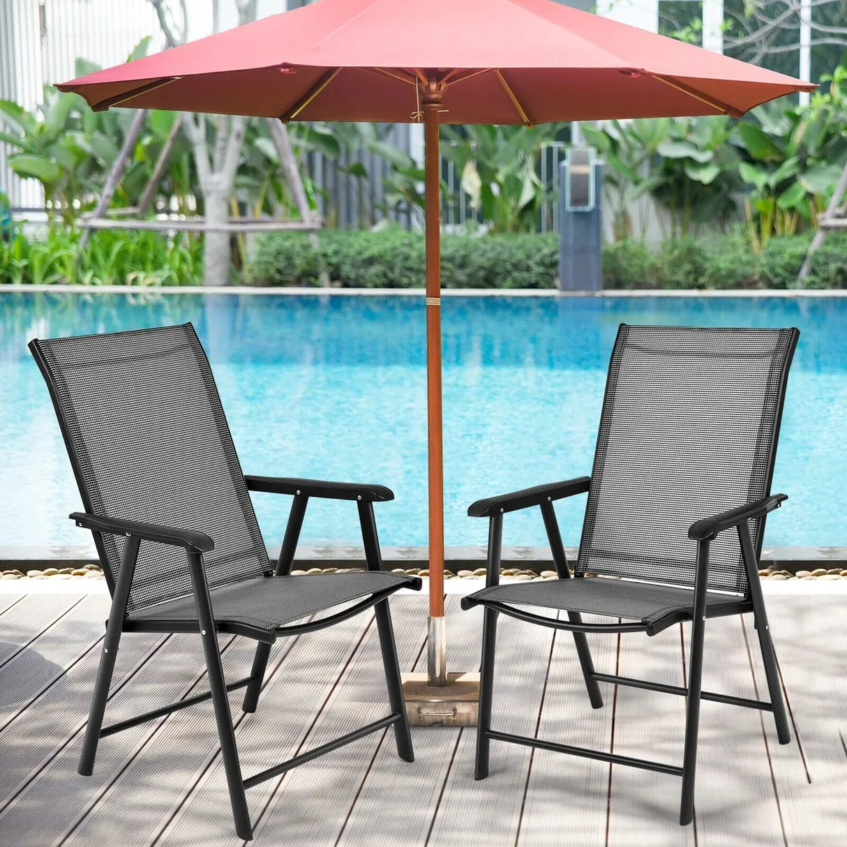 2 Pieces All-Weather Folding Chair Set with armrests for Patio