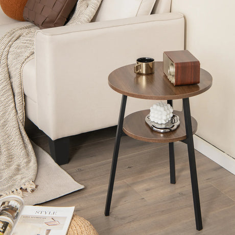 Set of 2 Round End Table 2-Tier Bedside Table with Open Storage Shelf-Walnut