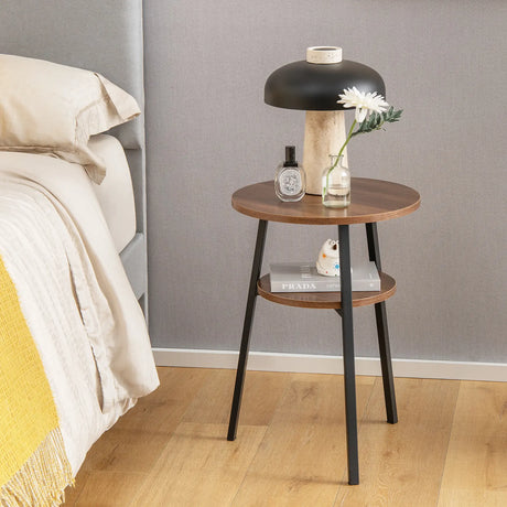 Set of 2 Round End Table 2-Tier Bedside Table with Open Storage Shelf-Walnut