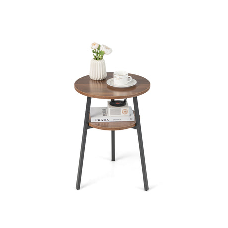 Set of 2 Round End Table 2-Tier Bedside Table with Open Storage Shelf-Walnut