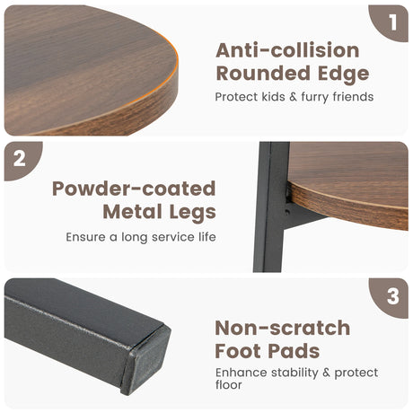 Set of 2 Round End Table 2-Tier Bedside Table with Open Storage Shelf-Walnut