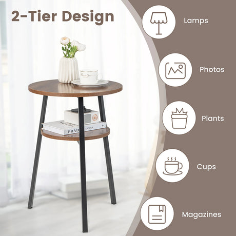 Set of 2 Round End Table 2-Tier Bedside Table with Open Storage Shelf-Walnut