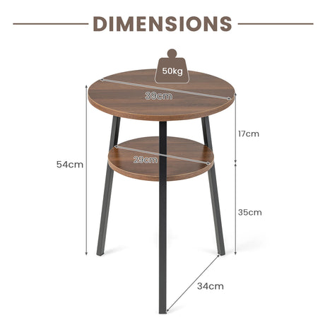 Set of 2 Round End Table 2-Tier Bedside Table with Open Storage Shelf-Walnut