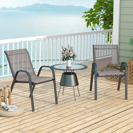 Set of 2 Patio Stackable Metal Dining Chairs with Armrests-Grey