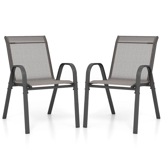 Set of 2 Patio Stackable Metal Dining Chairs with Armrests-Grey