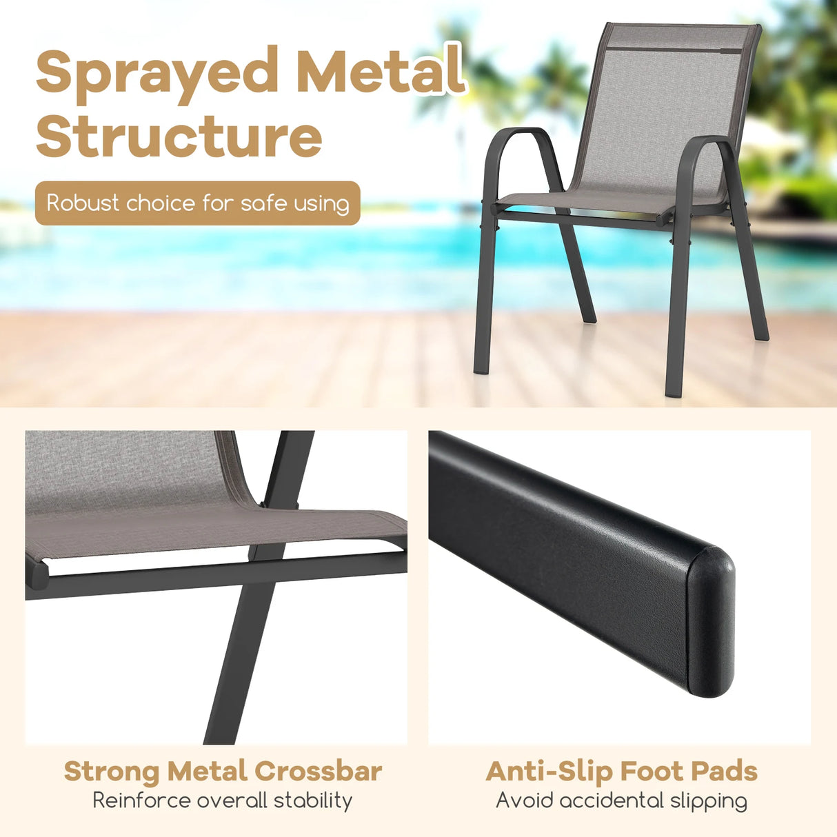 Set of 2 Patio Stackable Metal Dining Chairs with Armrests-Grey