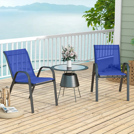 Set of 2 Patio Stackable Metal Dining Chairs with Armrests-Navy
