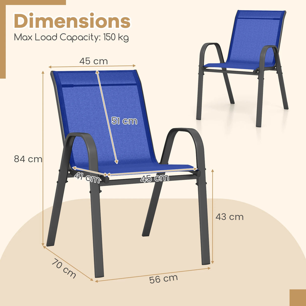 Set of 2 Patio Stackable Metal Dining Chairs with Armrests-Navy