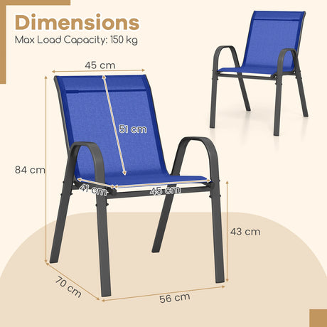 Set of 2 Patio Stackable Metal Dining Chairs with Armrests-Navy