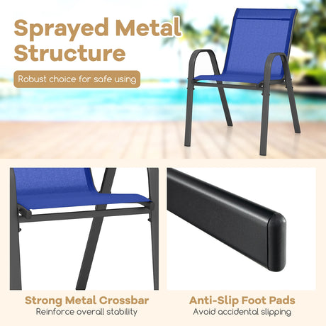 Set of 2 Patio Stackable Metal Dining Chairs with Armrests-Navy
