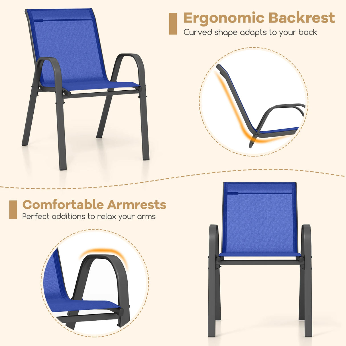 Set of 2 Patio Stackable Metal Dining Chairs with Armrests-Navy