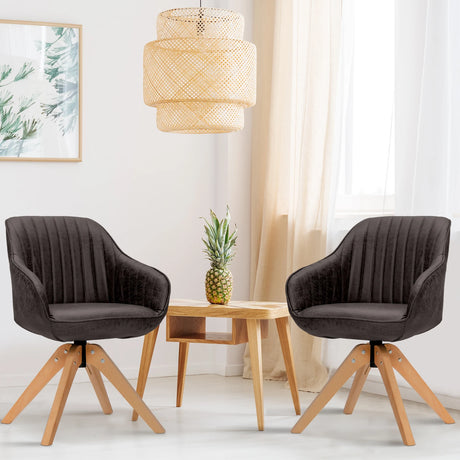 Modern Leathaire Set of 2 Swivel Accent Chair with Beech Wood Legs-Brown
