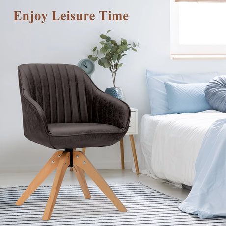 Modern Leathaire Set of 2 Swivel Accent Chair with Beech Wood Legs-Brown