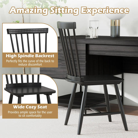 Set of 2 Windsor Dining Chairs with High Spindle Back-Black