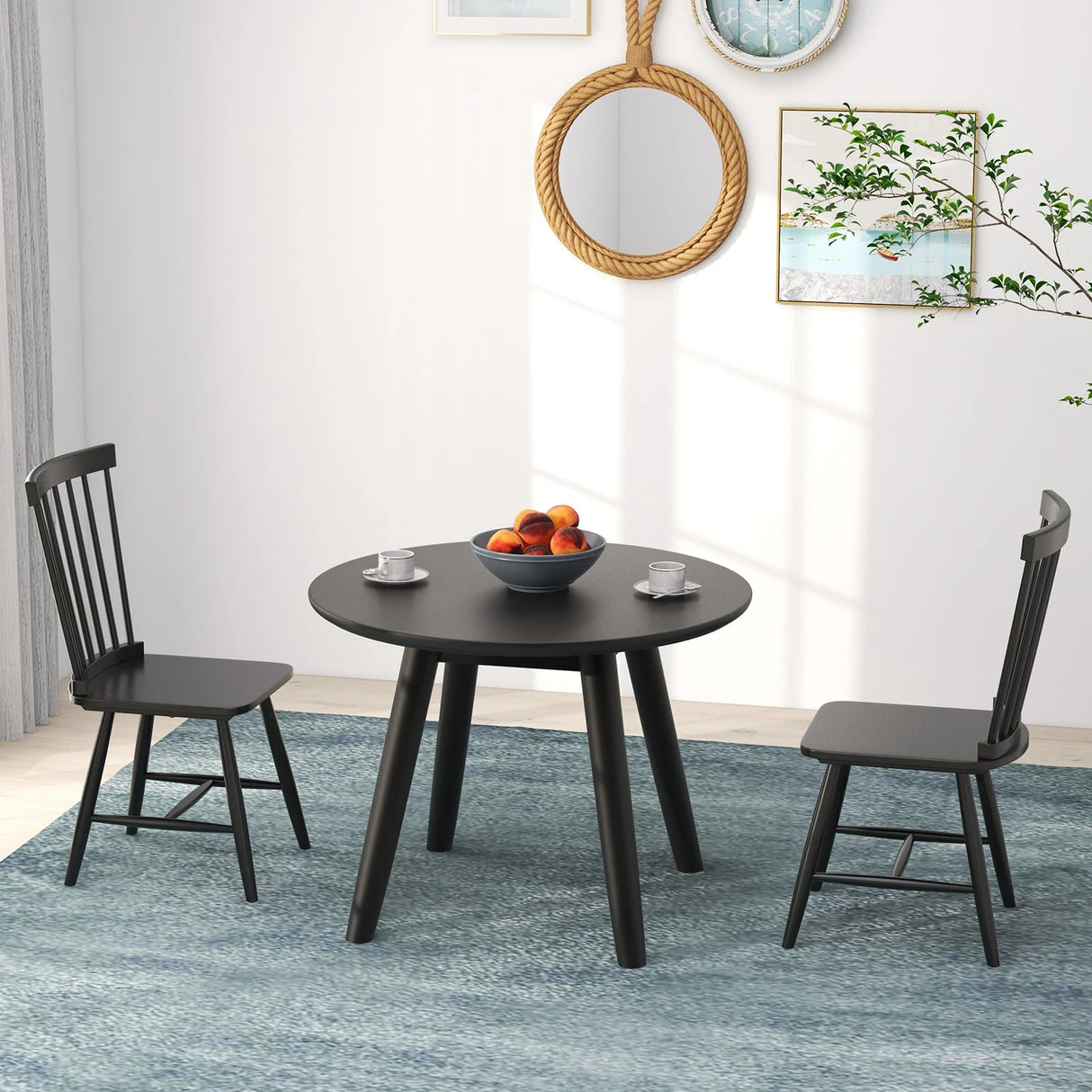 Set of 2 Windsor Dining Chairs with High Spindle Back-Black