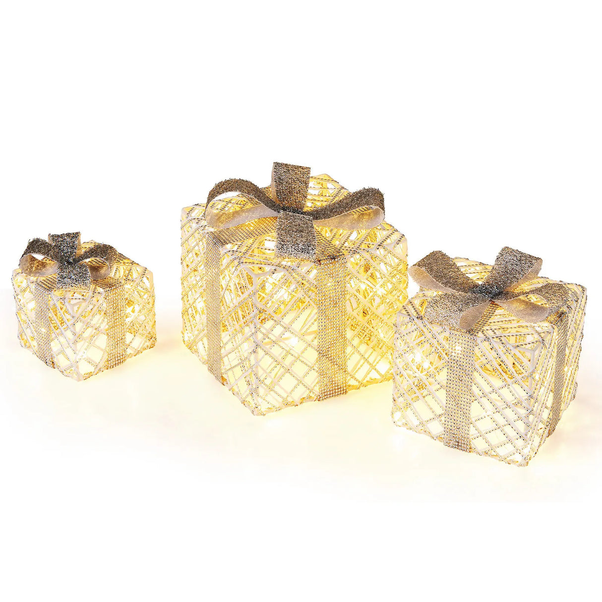 Set of 3 Christmas Lighted Gift Boxes with Bows and Ground Stakes