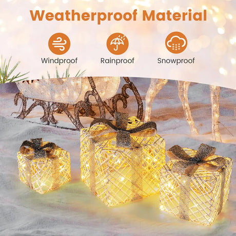 Set of 3 Christmas Lighted Gift Boxes with Bows and Ground Stakes