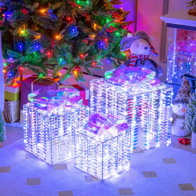 Set of 3 Iridescent Christmas Gift Box Decorations for Indoor Outdoor