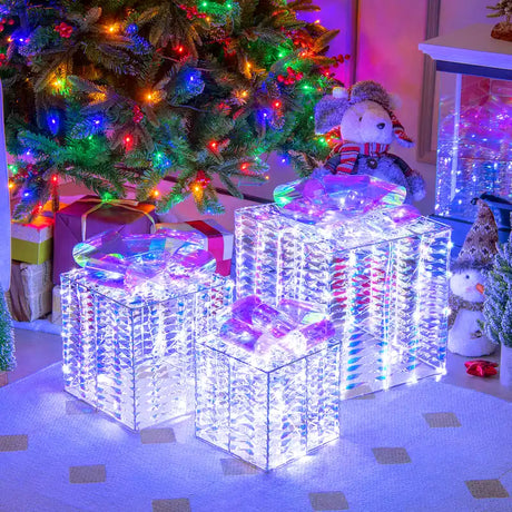 Set of 3 Iridescent Christmas Gift Box Decorations for Indoor Outdoor