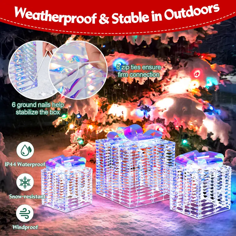 Set of 3 Iridescent Christmas Gift Box Decorations for Indoor Outdoor