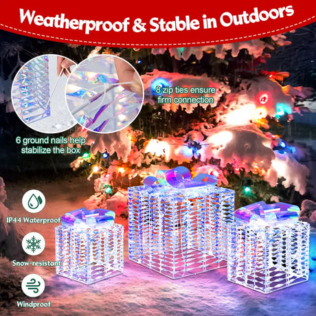 Set of 3 Iridescent Christmas Gift Box Decorations for Indoor Outdoor
